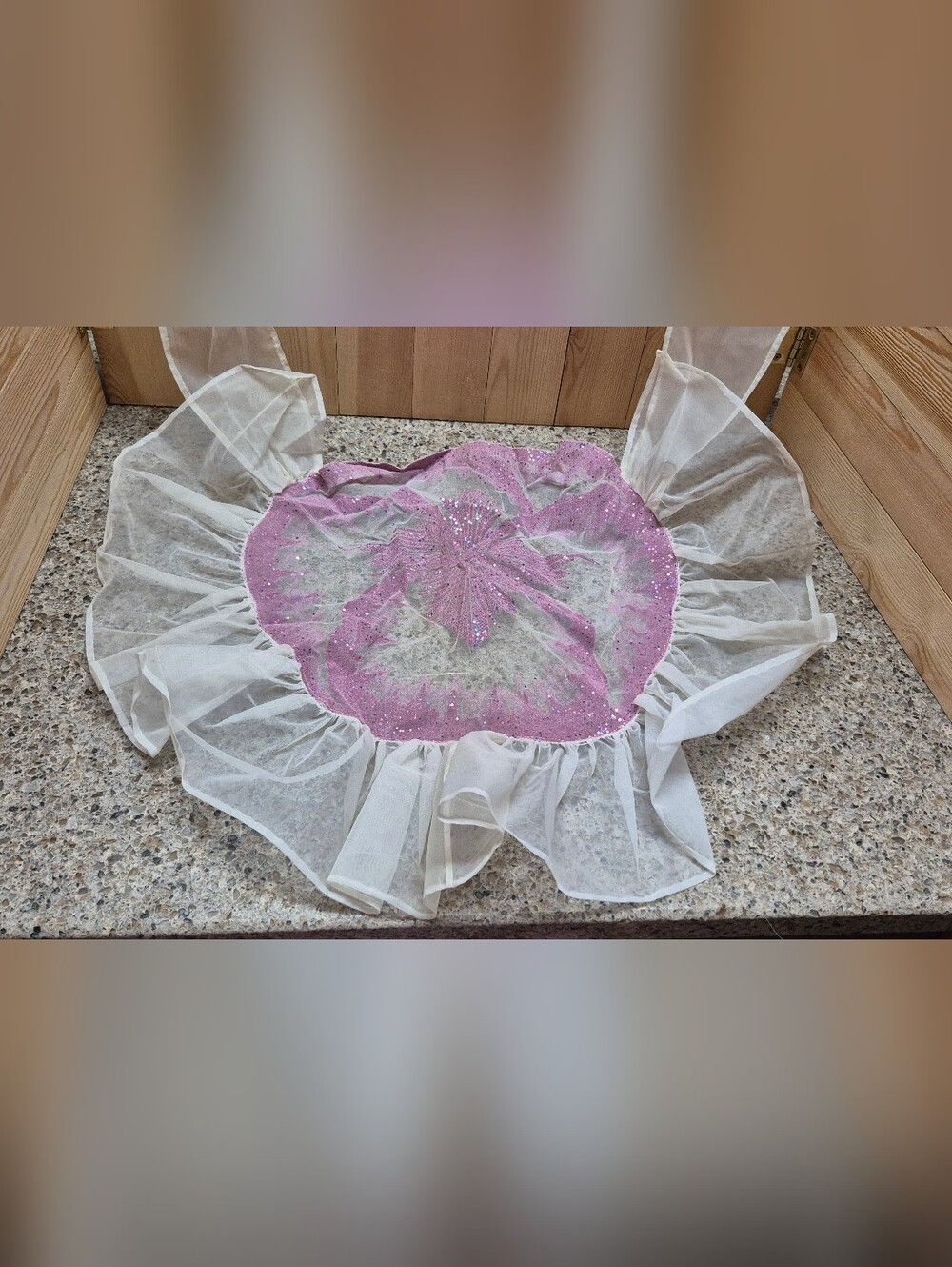 Vtg Pink Sequin Sheer Ruffle Apron Floral Pattern Ties Craft Costume Fairytale